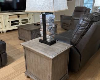 MAGNUSSEN HOME LANCASTER CHAIRSIDE END TABLES: Lancaster Collection • Grey Finish • Weathered Bronze Hardware • Side-Mount Ball-Bearing Drawer Guides • Storage Drawer • Louvered Wood Cabinet Door • 18”W × 24”D × 24”H