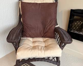 Lounge Chairs • Dark Brown Woven Wicker • Cream Tufted Cushion