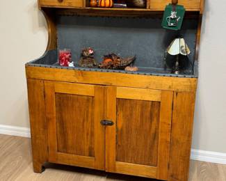 Primitive Farmhouse Dry Sink / Cabinet: Upholstered Back & Surface • Nailhead Trim • Drawers & Storage
