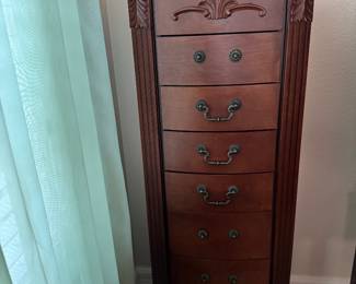 Traditional Tall Jewelry Armoire - Cherry Finish • 7 Drawer • Carved Detail • Curved Front • Antique Style Hardware