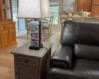 MAGNUSSEN HOME LANCASTER CHAIRSIDE END TABLES: Lancaster Collection • Grey Finish • Weathered Bronze Hardware • Side-Mount Ball-Bearing Drawer Guides • Storage Drawer • Louvered Wood Cabinet Door • 18”W × 24”D × 24”H