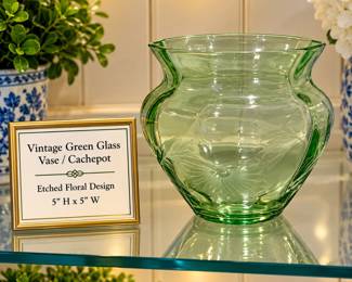 Vintage Green Glass Vase / Cachepot Etched Floral Design 5” × 5”