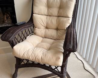 HIGH-BACK WICKER LOUNGE CHAIRS — 2 MATCHING: High-Back Wicker Lounge Chairs • Dark Brown Woven Wicker • Cream Tufted Cushion
