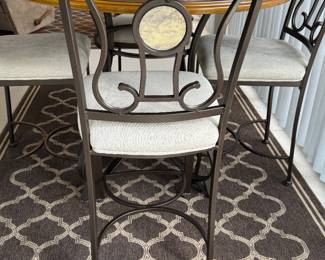 5-PIECE COUNTER-HEIGHT DINING SET: Round Top Pub- Height Table • Decorative Metal Base • 4 Matching Upholstered Chairs