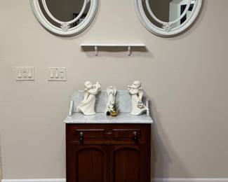Vintage Marble Top Washstand / Cabinet: Marble Top & Backsplash • Dark Wood • Original Style Hardware