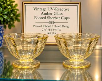 Vintage UV-Reactive Amber Glass Footed Sherbet Cups Pressed Ribbed / Fluted Design 2½” H × 3½” W • Pair of 2