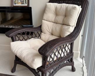 Lounge Chairs • Dark Brown Woven Wicker • Cream Tufted Cushion