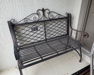 Decorative Wrought Iron Garden Entry Bench • Scrollwork Back • Lattice Design • Slatted Metal Sea • Dark Bronze/Black Finish