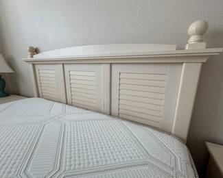 COASTAL COTTAGE QUEEN BEDROOM COLLECTION: Distressed Cream Finish • Louvered/Shutter Detailing • Wood Drawer Boxes • Metal Drawer Glides Coastal Cottage Queen Headboard: Distressed Cream Finish • Louvered/Shutter Panels • Decorative Posts & Finials Coastal Cottage Dresser & Mirror: Louvered Cabinet Doors • Multiple Storage Drawers • Wood Drawer Boxes • Metal Drawer Glides • Coordinating Framed Mirror. Coastal Cottage Nightstands: Distressed Cream Finish • Drawer with Metal Glides • Open Display/Storage Shelf • Bun Feet