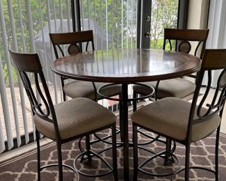 5-PIECE COUNTER-HEIGHT DINING SET: Round Top Pub- Height Table • Decorative Metal Base • 4 Matching Upholstered Chairs