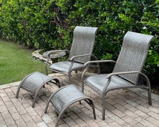 Outdoor Sling Patio Chairs w/ Matching Ottomans — 4-Piece Set Neutral taupe/gray finish.