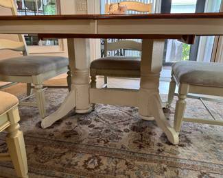 COASTAL TWO-TONE DINING SET: 5-Piece Dining Set • Warm Wood-Grain Top • Soft Cream Finish • Pedestal-Style Base • 4 Neutral Upholstered Seats • Ladder-Back Chairs • Casual Coastal / Transitional Style