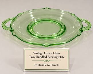Vintage Green Glass Two-Handled Serving Plate / Tray – 7” Handle to Handle