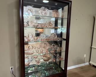 LARGE LIGHTED SLIDING-GLASS CURIO DISPLAY CABINETS — 2 MATCHING Oversized Statement Display Cabinet • Approx. 83 x 46 x 14.5 • Rich Dark Wood Finish • Sliding Glass Front Doors • Glass Side Panels • Full Mirrored Back • Multiple Glass Display Shelves • Interior Display Lighting • Elevated Furniture-Style Base