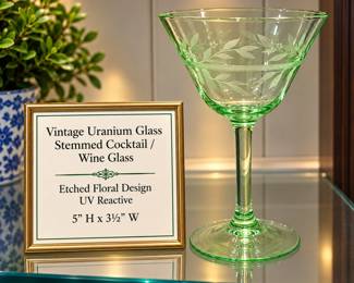 Vintage Uranium Glass Stemmed Cocktail / Wine Glass Etched Floral Design • UV Reactive 5” H × 3½” W