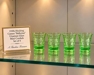 1930s Hocking Cameo “Ballerina” Green Uranium Glass Mini Cordials – Set of 4 – UV Reactive