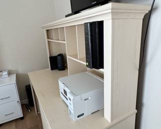 COASTAL COTTAGE COMPUTER DESK WITH HUTCH: Distressed Cream Finish • Large Storage Hutch with Open Shelving • Pull-Out Keyboard Tray • 3 Storage Drawers • Louvered Cabinet Door • Cup-Pull Hardware • Coastal / Island-Inspired Style • 59 x 23,5 x 30