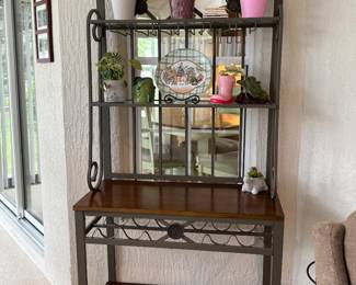 DECORATIVE WOOD & METAL BAKER’S RACK: Wood Shelves & Work Surface • Decorative Metal Frame • Multi-Level Display & Storage