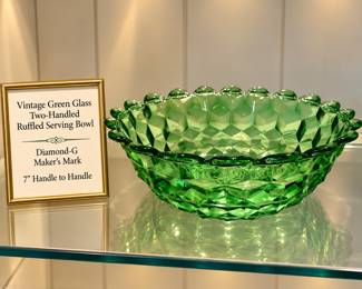 Vintage Green Glass Faceted Serving Bowl Scalloped Beaded Rim