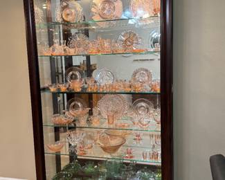 LARGE LIGHTED SLIDING-GLASS CURIO DISPLAY CABINETS — 2 MATCHING Oversized Statement Display Cabinet • Approx. 83 x 46 x 14.5 • Rich Dark Wood Finish • Sliding Glass Front Doors • Glass Side Panels • Full Mirrored Back • Multiple Glass Display Shelves • Interior Display Lighting • Elevated Furniture-Style Base