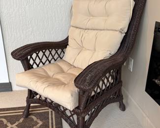 Lounge Chairs • Dark Brown Woven Wicker • Cream Tufted Cushion