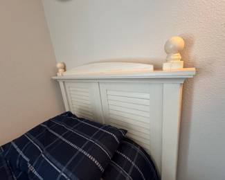 COASTAL COTTAGE TWIN BEDROOM SET: Distressed Cream Finish • Louvered/Shutter-Style Headboard • Coordinating Tall Chest • Coastal Cottage / Island-Inspired Design Coastal Cottage Twin Headboard: Distressed Cream Finish • Louvered/Shutter Panels • Decorative Posts & Ball Finials Coastal Cottage Tall 5-Drawer Chest: Distressed Cream Finish • Wood Drawer Boxes • Metal Drawer Glides • Bun Feet • 31 x 17.75 x 50