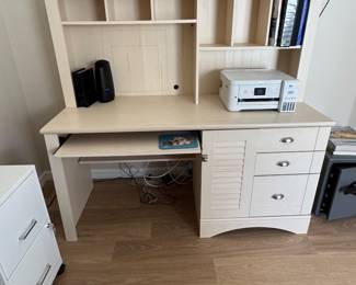 COASTAL COTTAGE COMPUTER DESK WITH HUTCH: Distressed Cream Finish • Large Storage Hutch with Open Shelving • Pull-Out Keyboard Tray • 3 Storage Drawers • Louvered Cabinet Door • Cup-Pull Hardware • Coastal / Island-Inspired Style • 59 x 23,5 x 30