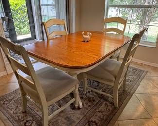 COASTAL TWO-TONE DINING SET: 5-Piece Dining Set • Warm Wood-Grain Top • Soft Cream Finish • Pedestal-Style Base • 4 Neutral Upholstered Seats • Ladder-Back Chairs • Casual Coastal / Transitional Style