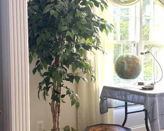 Ficus Silk Tree, Woven Lidded Storage Box Vintage Globe and Vintage MCM Lamp 