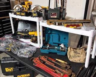 18 V DeWalt drill and circular saw, whole sets of craftsman screwdrivers, pipe wrenches, reciprocal saw, assorted levels, makita battery drill and craftsman’s bench grinder with chargers and cases.
