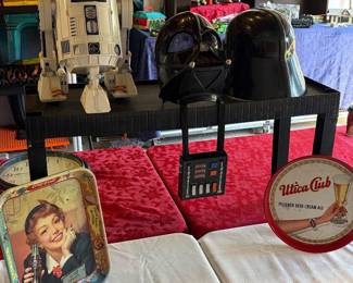Star Wars toys, vintage Utica club and Coca Cola trays.