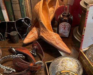 Tooled leather high-heel shoes crafted in Mexico 
