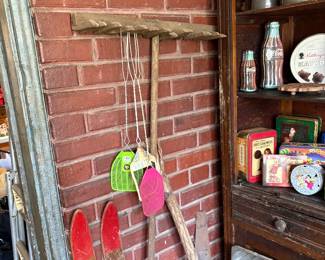 Primitive hand made hay rake, vintage fly swatters Bread pan, Youth skies vintage - leather and wood