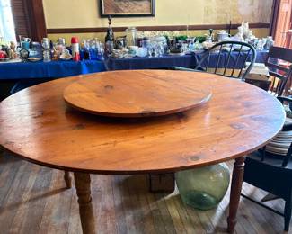 Amazing 60" Round Pine Table wih 24" Lazy Susan, Turned Legs.
