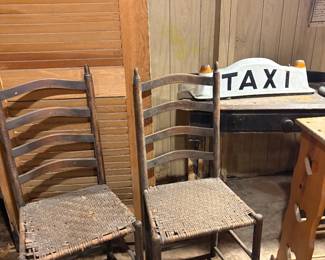 2 Antique ladder back chairs - need a little love. Vintage "TAXI" rooftop sign and small amber side lights