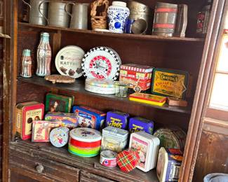 Tins of all sizes, stop top coffee pots, measuring pitchers