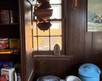 More chimes and wooden hanging spiral, Blue and Gray Enamel ware/granite