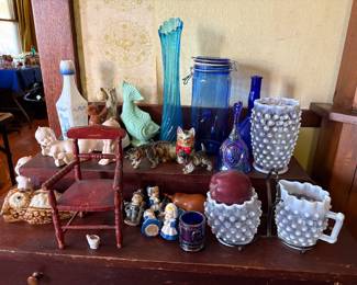Vintage Fenton Opalescent Hobnail Vase, Creamer and Sugar; Cobalt Blue Cannister, Bell, tooth pick holder-carnival glass; Owl Wall Pocket, Blue Swung Glass Vase, Childs doll chair, candle Pilgram candles, Qupie Babies