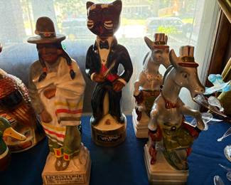 Lionstone Whiskey- Chief, Vintage 1970 Ezra Brooks "Katz" Philharmonic Cat conductor bourbon decanter, vintage mid century Italian ceramic wine or Chianti decanter in shape like seated political donkey wearing top at