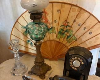 Glass Candle holder, Asian Fan, Grass and green candlestock light, Wall Jukebox shape Black Monophone with bakelite case and rotary dial