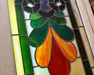 Another Antique stain and leaded glass window panel featuring colorful floral. next photo shows lower half of windo. Dimmensions will follow