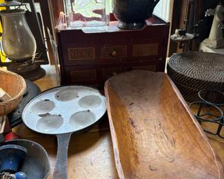 Poached egg pan, Wooden bowl, small spice chest, class cube cannister, grey grate ware, sewing basket, railroad like lantern