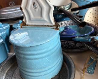 Light blue and white salt box - hangs on wall