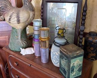 Vintage metal glasses, Rooster lamp, Table grooming mirror., Tin.