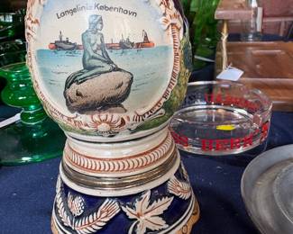 Ceramic Musical souvenir beer stein featuring "Langelinie Kobenhavn" (The little Mermaid) motif from Copenhagen
