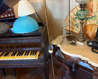 Brass floor lamp with milk white shade, Turq Blue swirl lampshade, primiitve star on stand, Large aisan fan, Beautiful green and brass candlestick lamp
