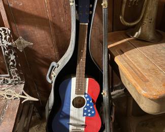 Red, White and Blue vintage acoustic guitar in case