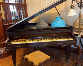 Petite/compact Kimball Baby Grand with black case. Needs complete servicing and restoring. Will accept bids on this item only. Vicorian Walnut piano stool.