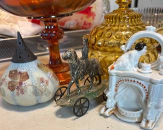 Antique Victorian "Fig" shaped sugar shaker circa 1880-1890's Opaque Satin Glass Mt. Washington Glass Company., Metal pull toy with child on back of dog, Ceramic Trinket box