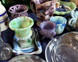 Beautiful slag glass footed urn, pitcher, cup vases - green, purple and blue